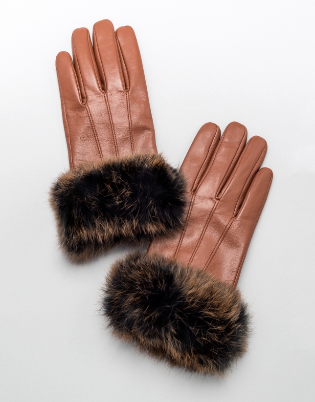 Brown leather gloves with fur trim