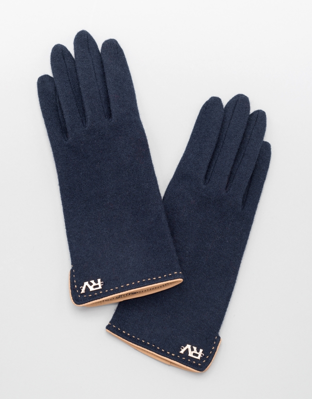 Blue knit gloves with beige leather trim