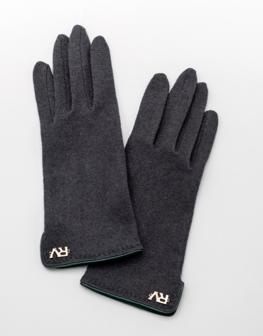 Gray knit gloves with green leather trim