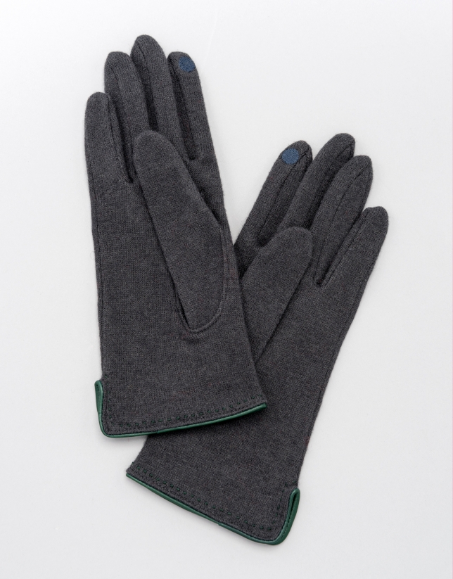 Gray knit gloves with green leather trim