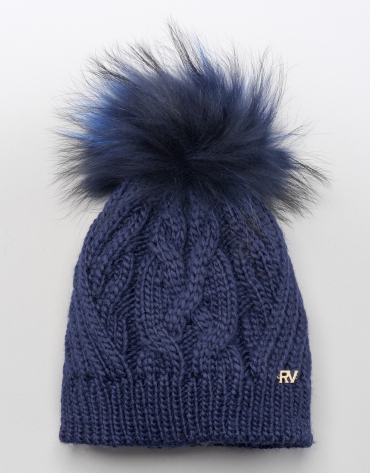 Blue cable knit wool cap with pompom