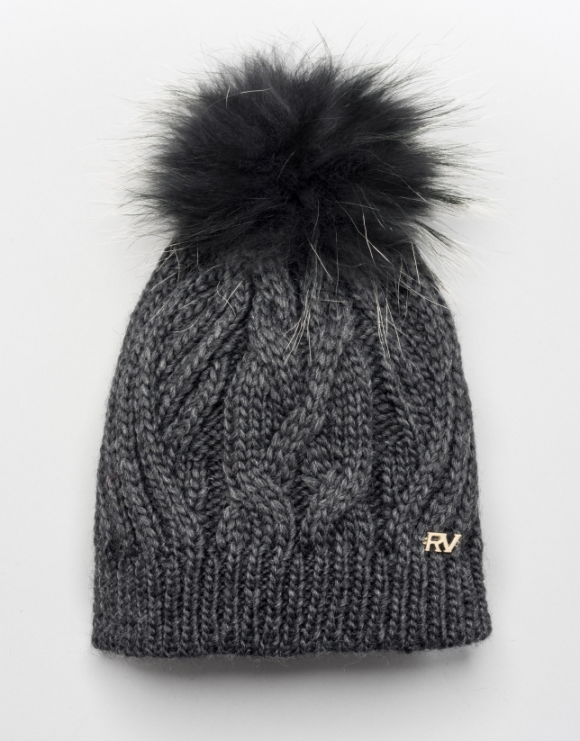 Grey cable knit wool cap with pompom