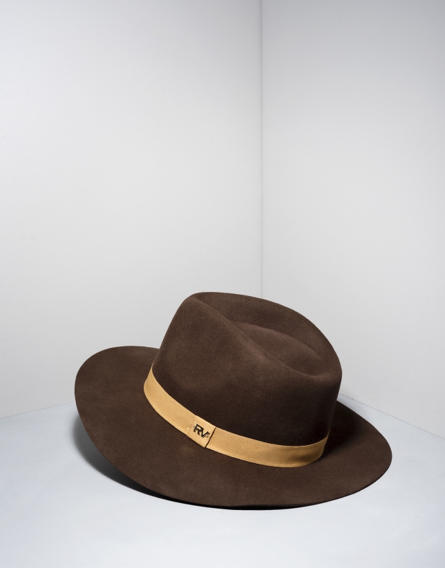Sombrero fedora lana marrón cinta beige