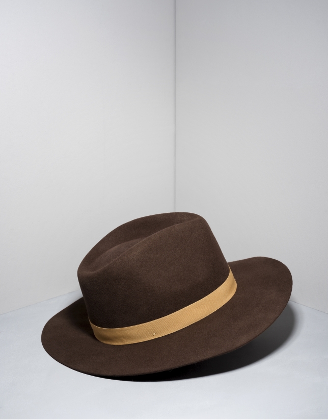 Brown wool fedora hat with beige ribbon