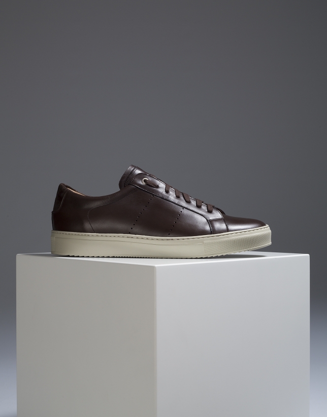 Brown leather sneakers with perforated sides