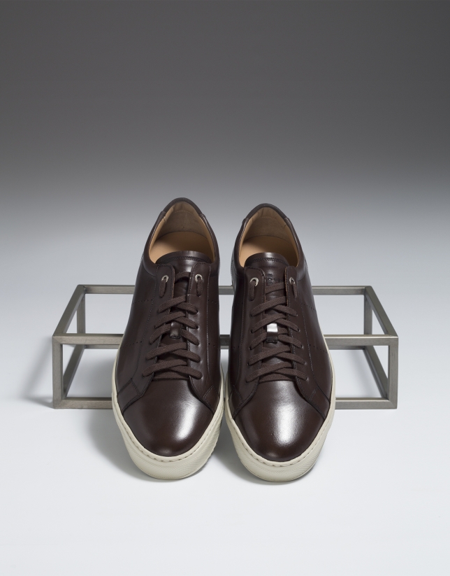 Brown leather sneakers with perforated sides
