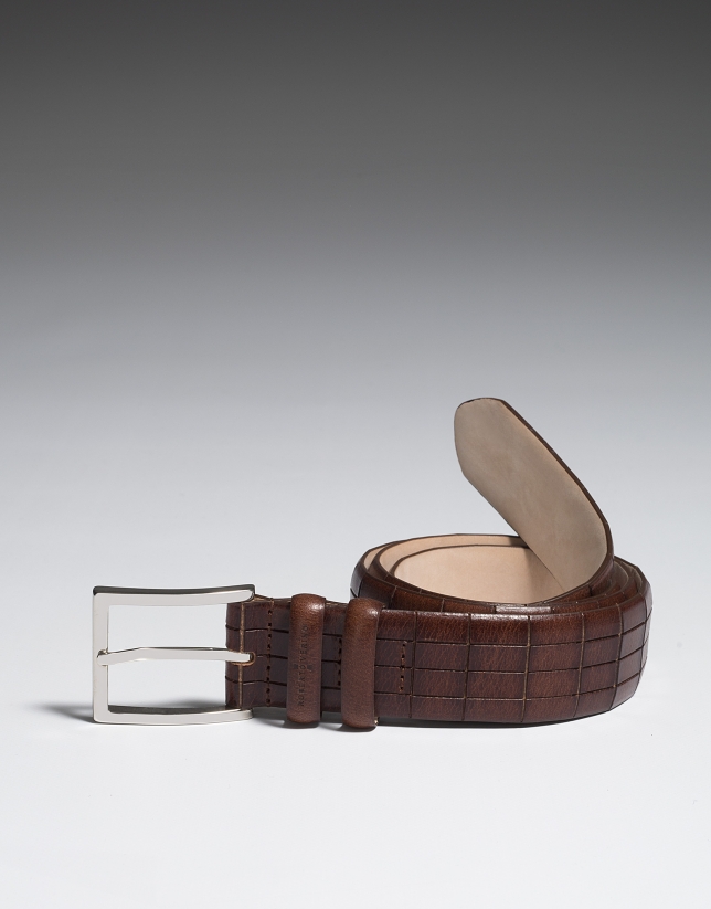 Brown leather belt with geometric embossing