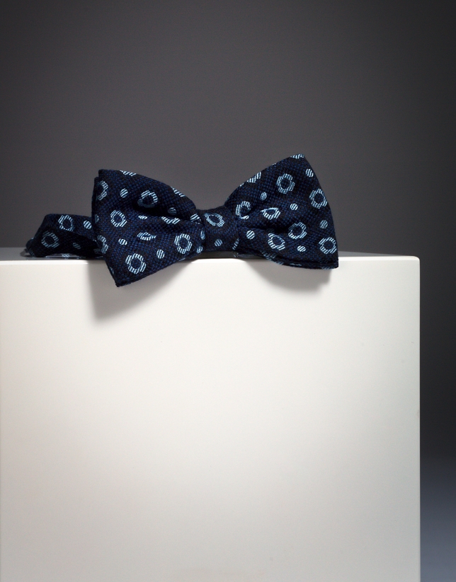 Navy blue wool bowtie with light blue circles