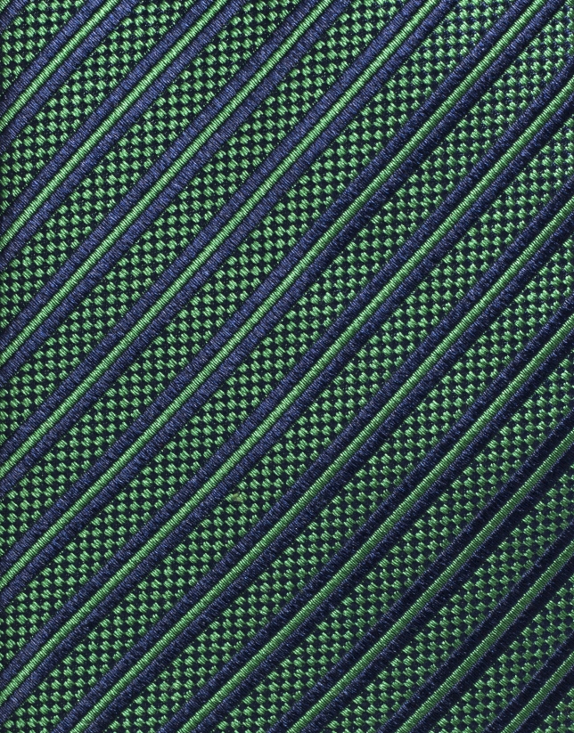 Green silk tie with navy blue stripes