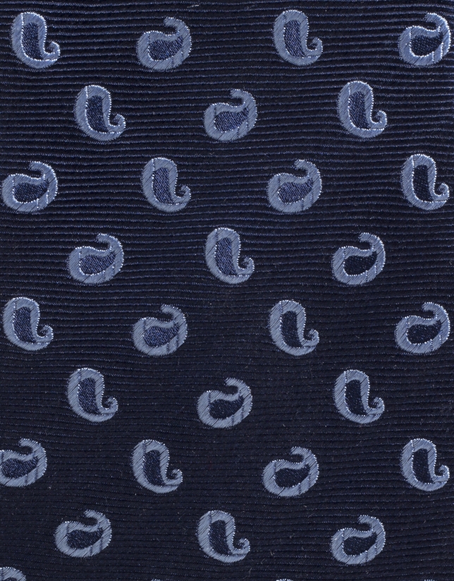 Navy blue silk tie with light blue paisley print