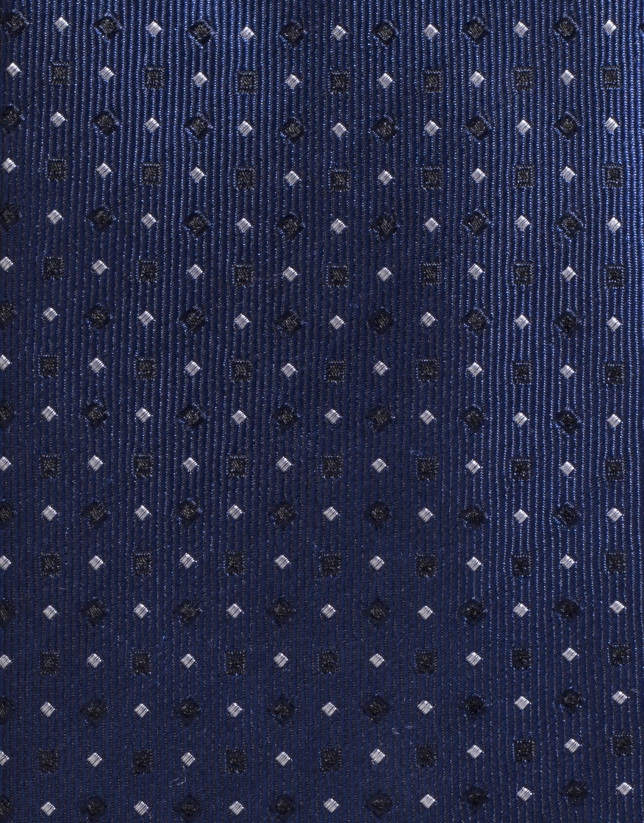 Blue silk tie with ivory / navy blue checks 
