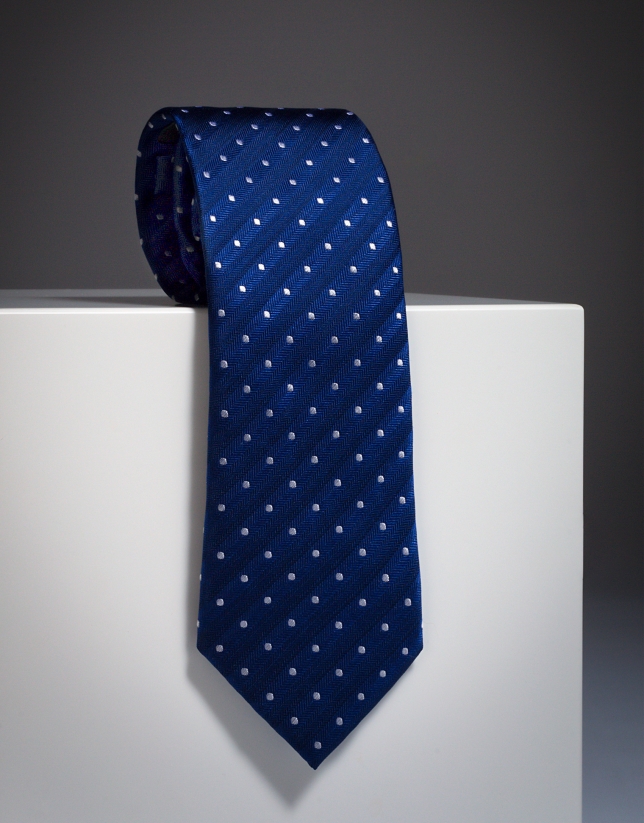 Navy blue silk tie with ivory dots