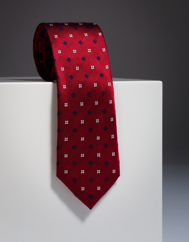 Red silk tie with navy blue flowers