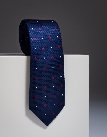 Navy blue silk tie with red paisley 