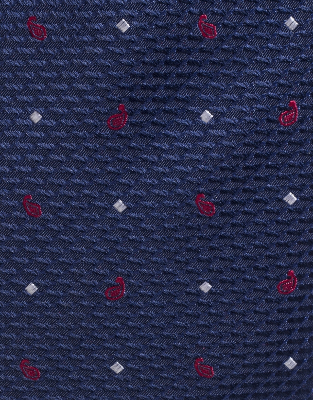 Navy blue silk tie with red paisley 