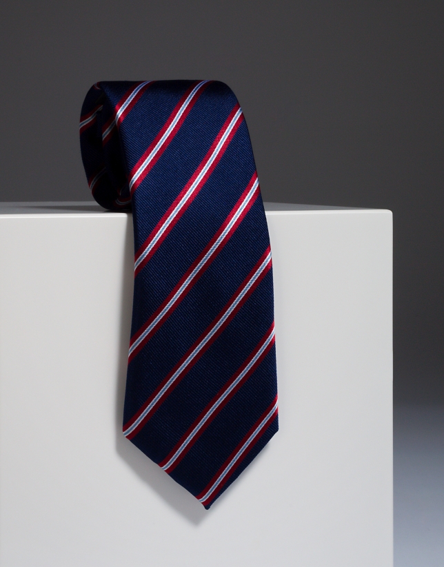 Navy blue silk tie with red/ivory stripes