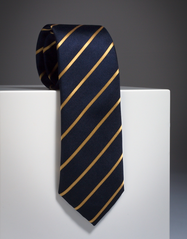 Navy blue silk tie with yellow stripes