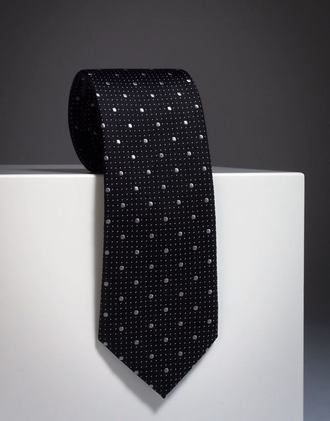 Black silk tie with gray microdots