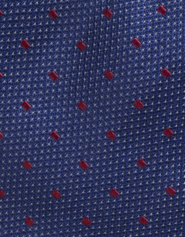 Navy blue silk tie with red dots and ivory microdots