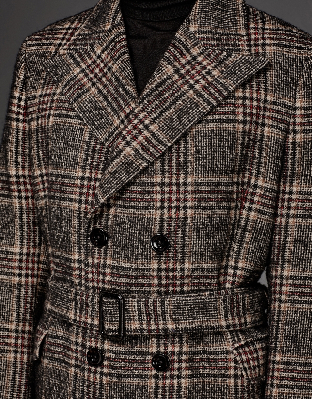Long brown glen plaid, double-breasted coat