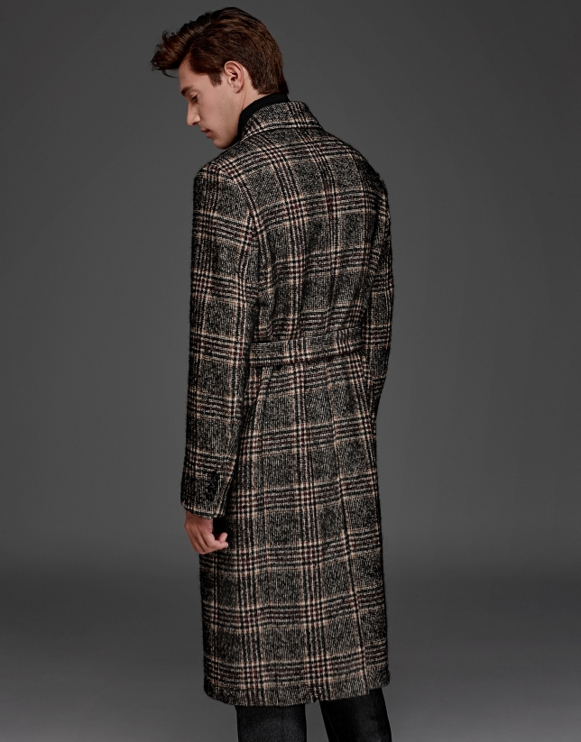 Long brown glen plaid, double-breasted coat