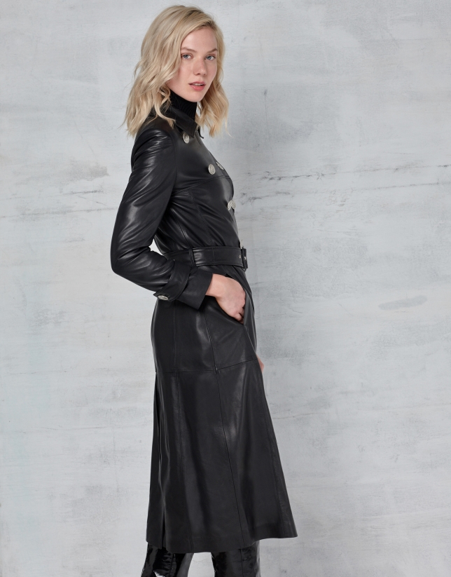 Black leather trench coat with buttons