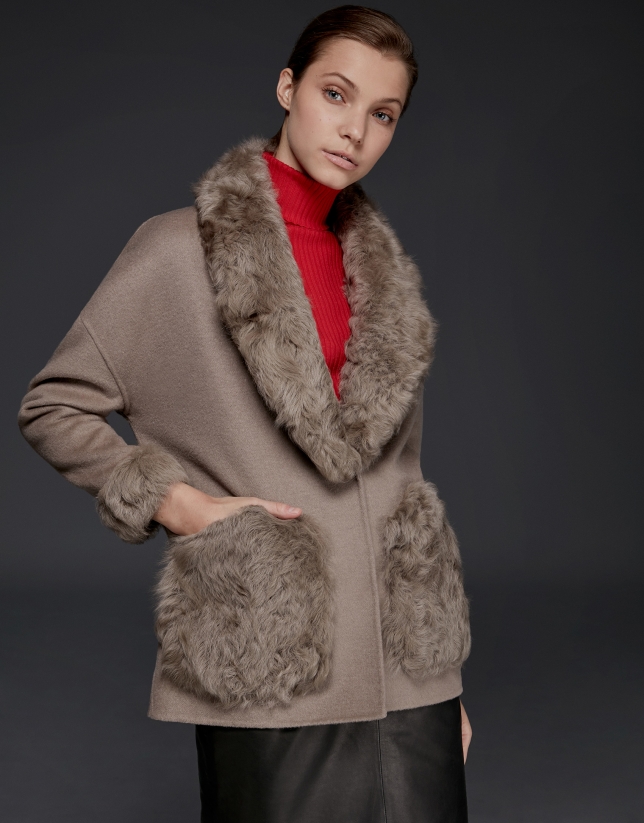 Taupe double-faced parka with fur collar