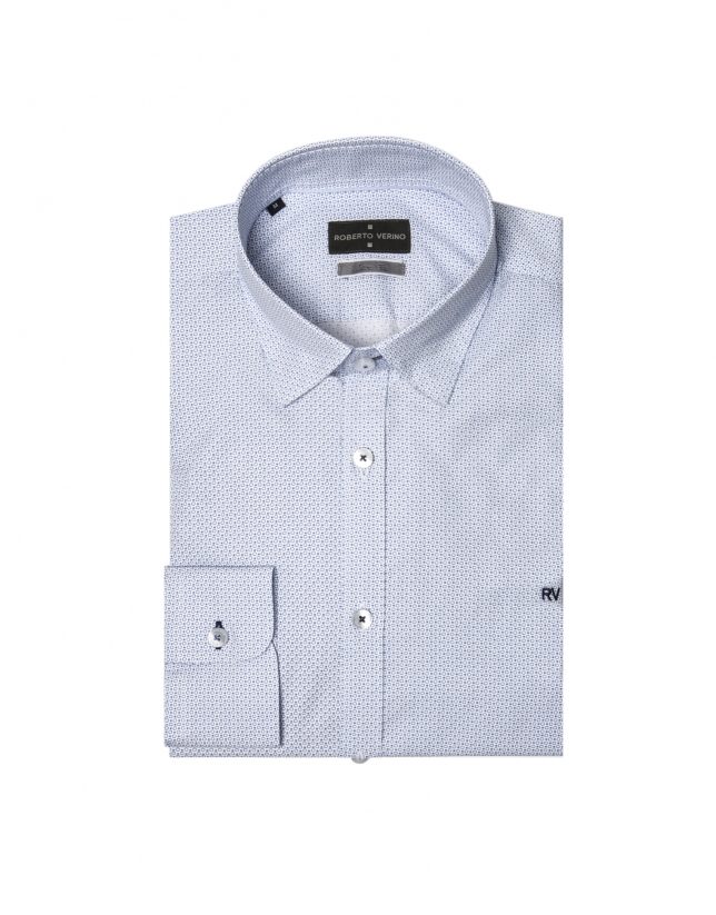 White shirt with blue geometric print