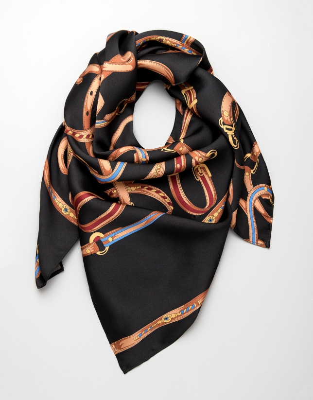 Large black scarf with belt print