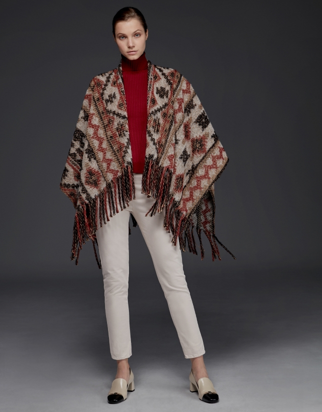 Red ethnic print poncho with fringe