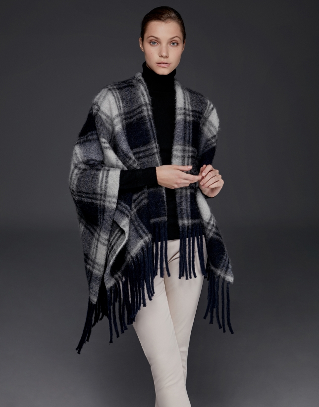 Blue checked print poncho with fringe