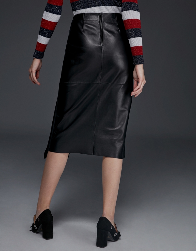 Mid-length black napa flounce skirt 