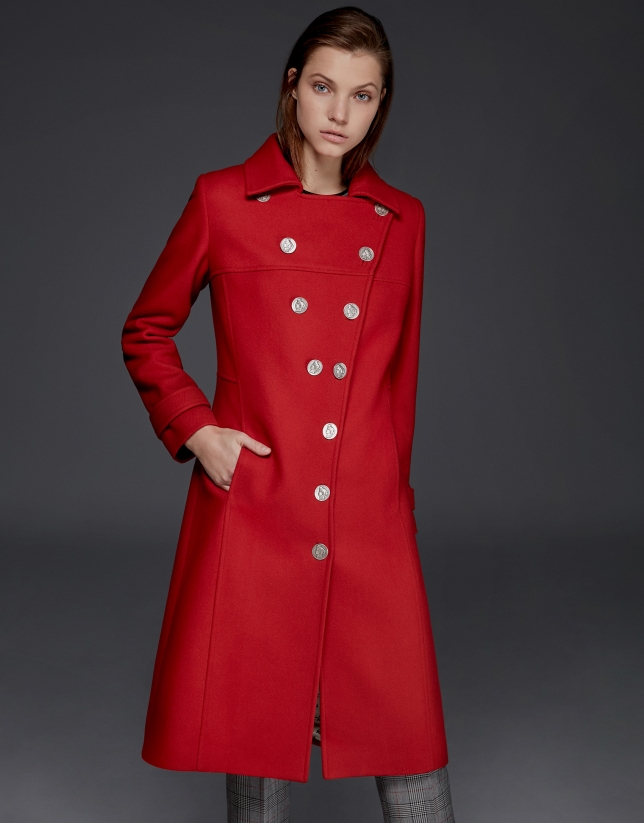 Long red wool coat with buttons