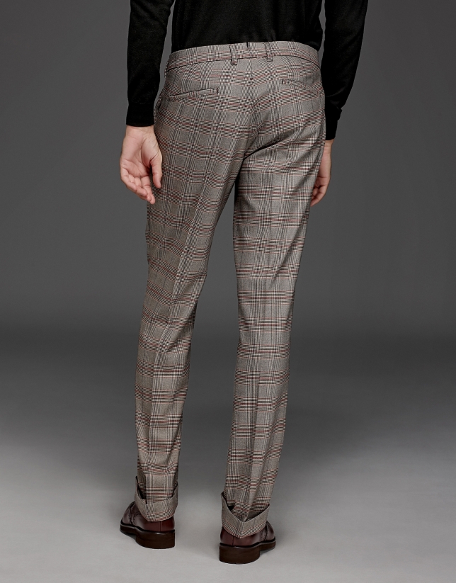 Beige/red glen plaid pants with darts
