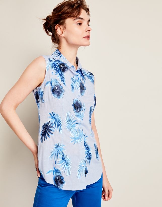 Blue embroidered shirtwaist top