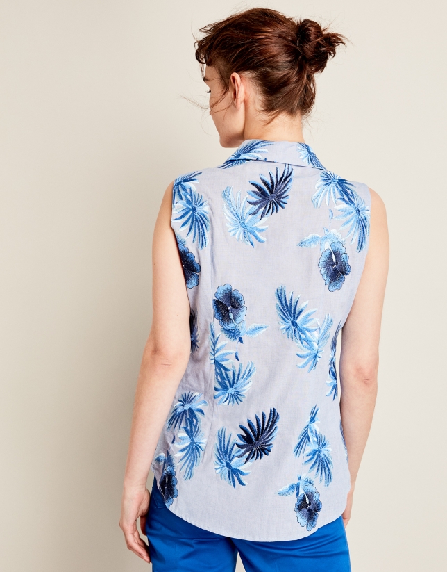 Blue embroidered shirtwaist top