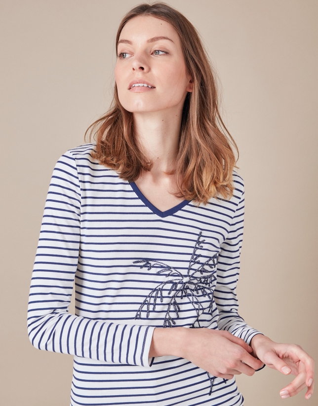 Blue striped top with palm tree