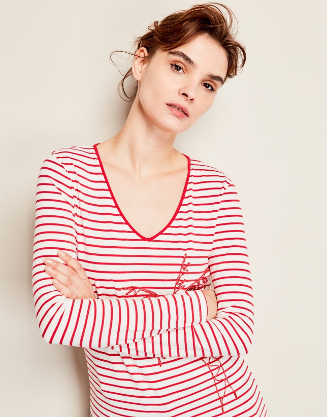 Red striped top with palm tree