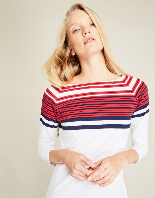 White top with red stripes