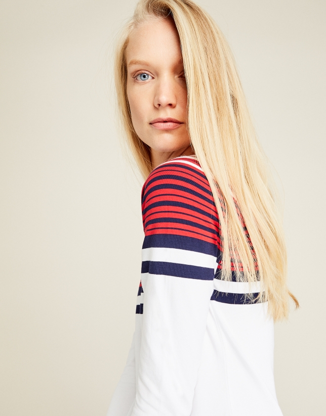 White top with red stripes