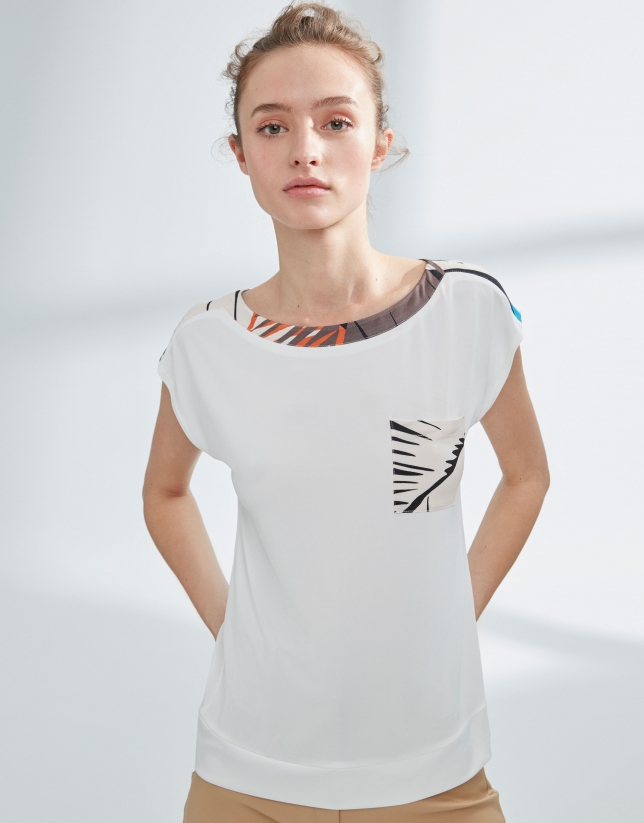 White, mixed fabric top, with palm leaf print