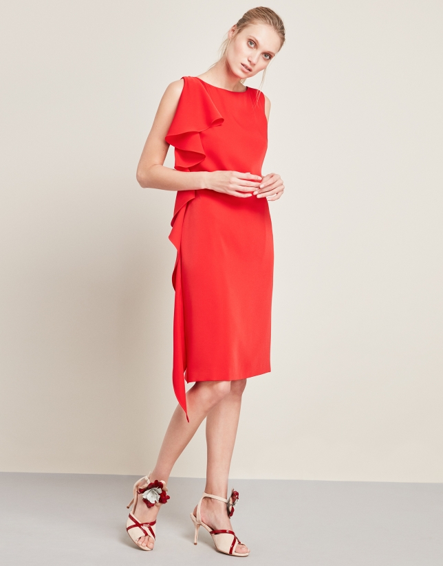 Red asymmetric dress with flounce