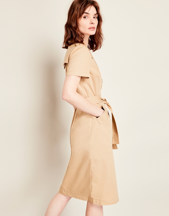 Mink-colored, elastic cotton, shirtwaist dress