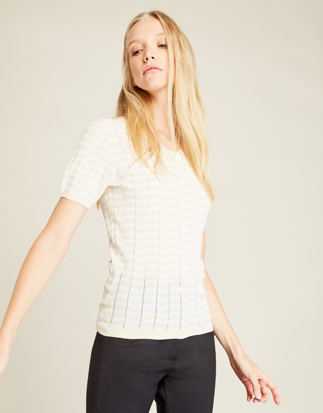 Beige short-sleeved striped sweater
