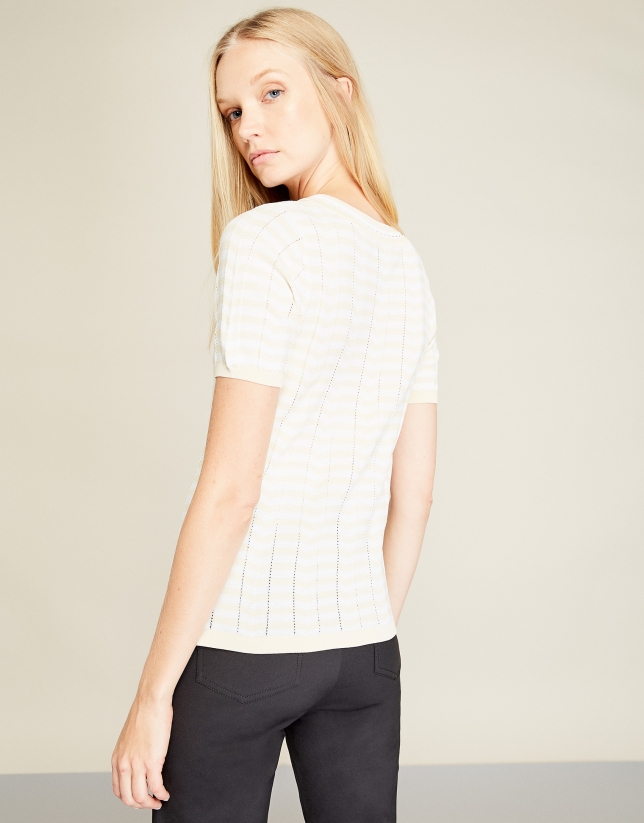 Beige short-sleeved striped sweater