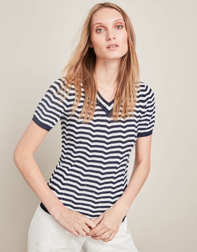 Blue short-sleeved striped sweater