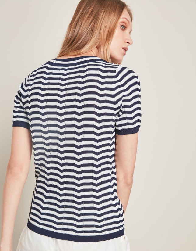 Blue short-sleeved striped sweater