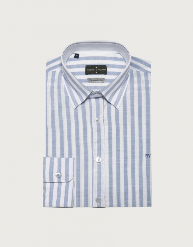 Sport shirt with wide blue stripe