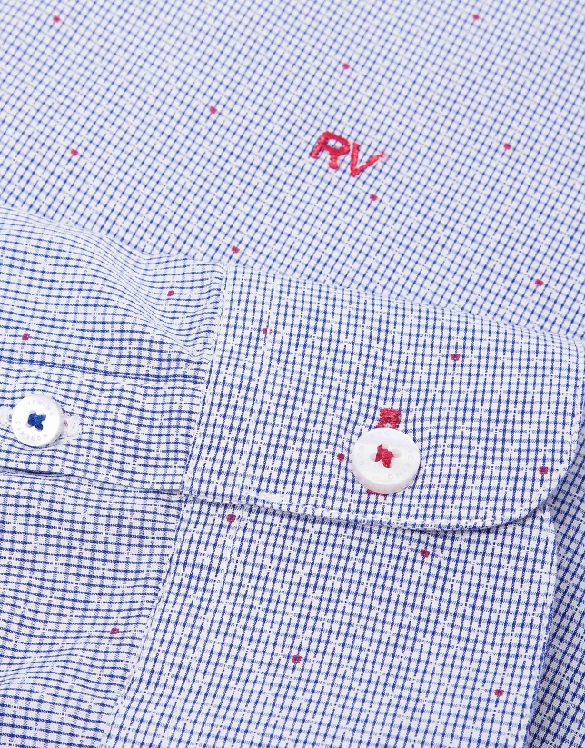 Blue checkered sport shirt with red design