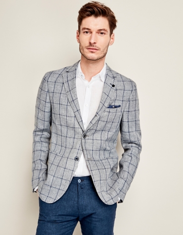 Navy blue and gray checkered linen suit jacket